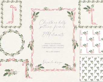 Christmas Holly Frames: Vintage Floral Borders, Seamless Paper (PNG)