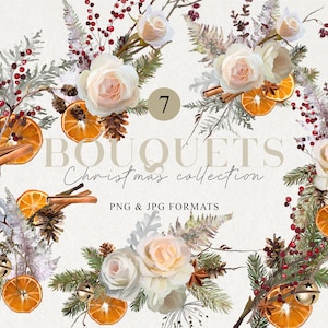Clipart floral de Natal, buquês de flores de rosas Png, bordas de rosas de casamento Png, download digital, desenhado à mão, não gerado por IA