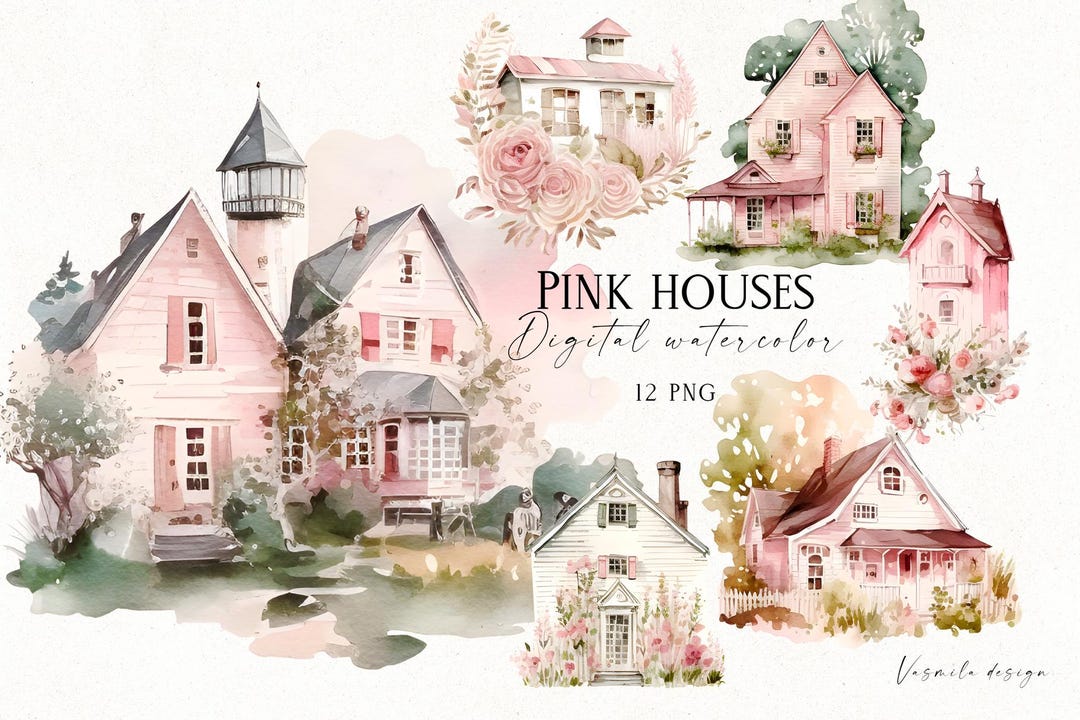 Watercolor Pink Houses Clipart PNG, Vintage House, House Postcard, Cute ...