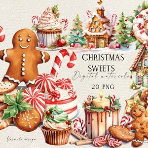 Christmas Holiday Dessert, Watercolor Festive Cookie Clipart, Christmas Sweets, Traditional Dessert PNG, Gingerbread Sugar Cookies