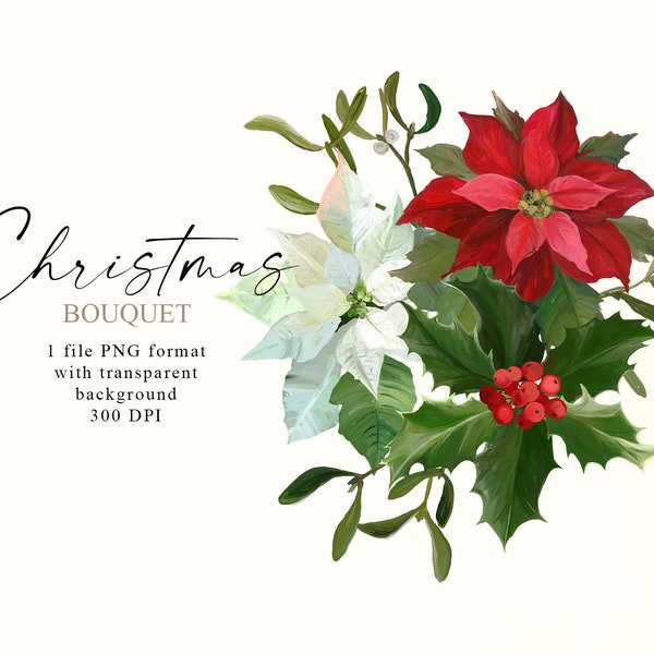 Christmas Floral Bouquet PNG, Christmas Composition with Holly and Poinsettia Flowers, Winter Bouquet of Flowers, Digital Clipart PNG