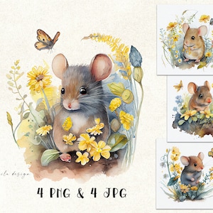 Souris mignonne aquarelle en fleurs, fleurs sauvages et petite souris PNG, Clipart floral de souris, bébés animaux mignons PNG, Sublimation animale