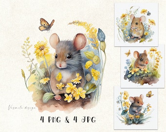 Watercolor Mouse Clipart: Wildflower Animal PNG (Digital Download)
