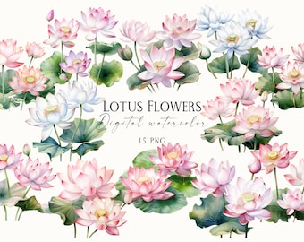 Watercolor Lotus Flower Clipart, Lily Pond Clipart, Floral Clipart, Lake Lotus Clipart, Watercolor Water Floral, Water Lilies PNG