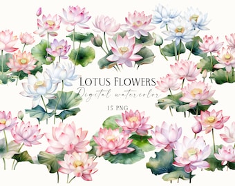 Watercolor Lotus Flower Clipart: Lily Pond Floral PNG (Digital Download)