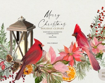 May include: A digital illustration of a Christmas scene with red cardinals, poinsettias, pine branches, berries, oranges, and a lantern. The text "Merry Christmas Holiday Clipart" is at the top of the image.