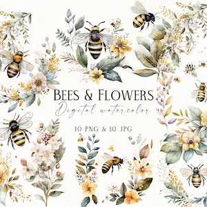 Compositions florales avec des abeilles PNG, Clipart floral abeille aquarelle, fleurs jaunes aquarelles imprimables, graphiques numériques aquarelle