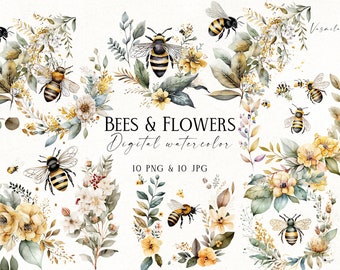 Watercolor Bee Floral Clipart PNG, Printable Watercolor Yellow Flowers, Plant Clipart Elements, Digital Watercolor Graphics
