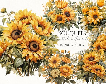 Sunflower Bouquet Clipart: Rustic Floral PNG Graphics (Digital Download)