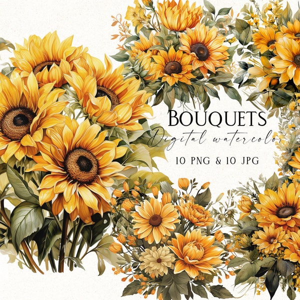 Sunflower Bouquets Clipart, Sunflowers Floral Bandl, Floral Rustic Clipart PNG, Flower Scrapbook Printable Graphic, Digital Download