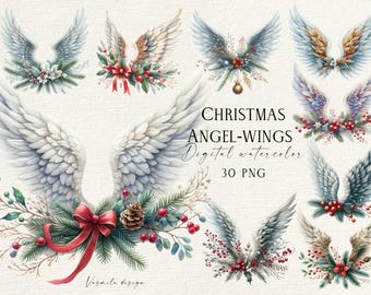 May include: A set of 30 digital watercolor illustrations of Christmas angel wings with holly and berry accents. The wings are white, gold, and blue. The text "CHRISTMAS ANGEL-WINGS Digital watercolor 30 PNG" is in the center of the image.