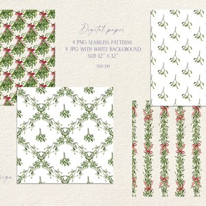 May include: Four digital paper patterns featuring a repeating design of mistletoe with red bows. The patterns are on a white background. The text "Digital paper" is at the top of the image. The text "4 PNG SEAMLESS PATTERNS" is below the text "Digital paper". The text "4 JPG WITH WHITE BACKGROUND" is below the text "4 PNG SEAMLESS PATTERNS". The text "SIZE 12" X 12" is below the text "4 JPG WITH WHITE BACKGROUND". The text "300 DPI" is below the text "SIZE 12" X 12"".