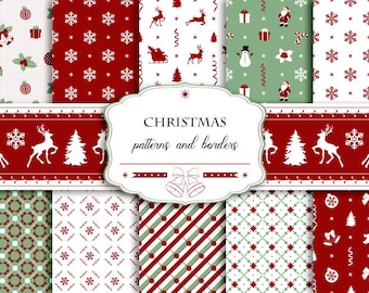 May include: A collection of Christmas-themed patterns and borders in red, white, and green. The designs include snowflakes, reindeer, Christmas trees, and Santa Claus. The image also features the text "CHRISTMAS patterns and borders".