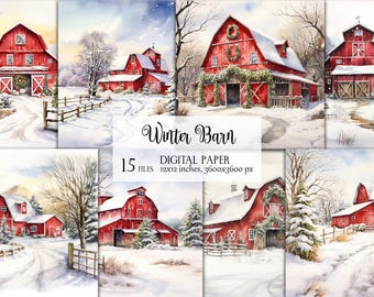 May include: A collection of 15 digital paper files featuring watercolor illustrations of red barns in snowy winter landscapes. The text Winter Barn, 15 FILES, DIGITAL PAPER, and 12x12 inches, 3600x3600 px is printed in the center of the image.