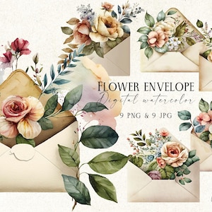 Buste vintage acquerellate in formato PNG, lettere decorate con fiori, buste floreali in formato JPG, clipart di posta, clip art di lettere, invito di nozze