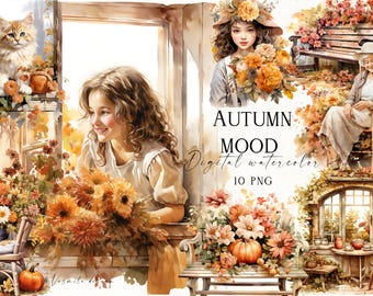 May include: A digital watercolor collection featuring autumn scenes with a cat, a young person, an older person, floral arrangements, pumpkins, and furniture. The text reads AUTUMN MOOD Digital watercolor 10 PNG, showcasing warm orange and brown tones.