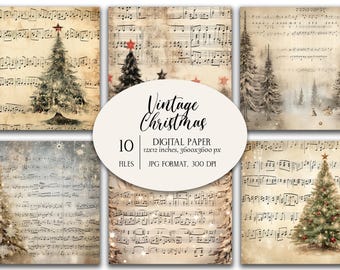 May include: A collection of ten digital paper designs with a vintage Christmas theme. Each design features illustrations of Christmas trees, winter scenes, and musical notes on aged paper. The text "Vintage Christmas" is displayed on a cream-colored oval.