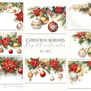 Op de afbeelding: Tien digitale aquarel kerstborders met rode kerststerren, gouden kerstballen en groene dennentakken. De borders zijn perfect om een feestelijke touch aan je kerstprojecten te geven.