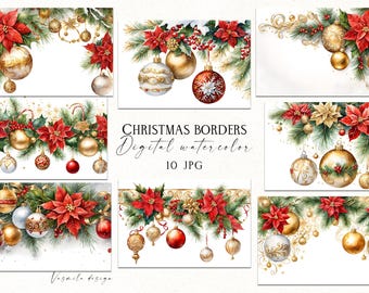 May include: Ten digital watercolor Christmas borders featuring red poinsettia flowers, gold ornaments, and green pine branches. The borders are perfect for adding a festive touch to your holiday projects.