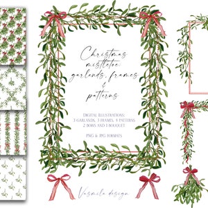 May include: A set of digital illustrations featuring Christmas mistletoe garlands, frames, and patterns. The illustrations include red bows, a bouquet of mistletoe, and various patterns of mistletoe sprigs.