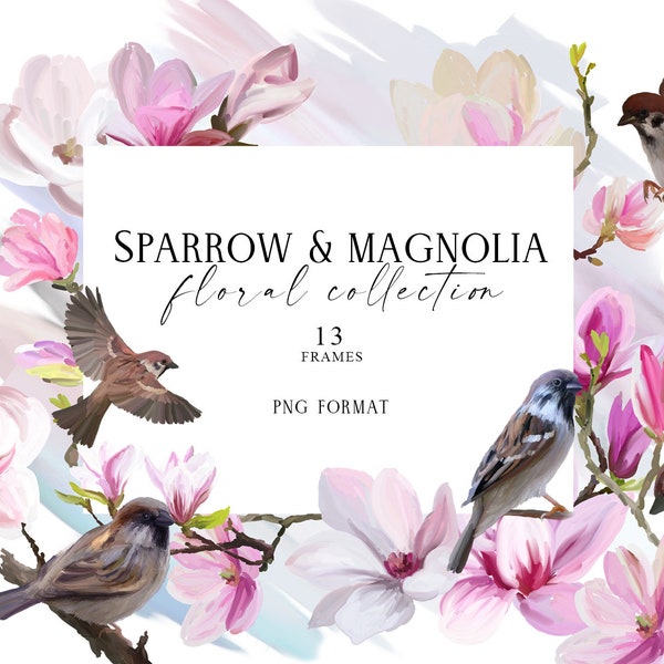 Magnolia Flowers Frames PNG, Sparrow Birds Floral Borders, Wedding Graphics, Digital Download