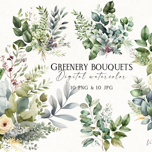 Watercolor Greenery Bouquets Clipart PNG, Printable Watercolor Herbal Bundle, Plant clipart PNG, Digital Watercolor Graphics