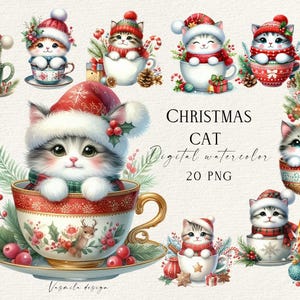 Gato de Natal com boné, pacote de clipart de gato fofo PNG, xícara de Natal e gato PNG, clipart de decoração de inverno em aquarela