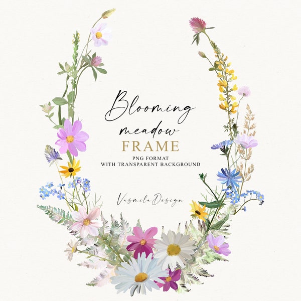 Wildflower frame PNG, Hand painted floral wreath, Summer meadow flowers, Digital floral border, Wedding clipart PNG