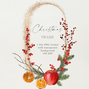 Moldura de Natal com maçãs e laranjas, borda floral de inverno Png, clipart de férias de Natal, desenhado à mão, não gerado por IA