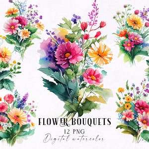 Watercolor Wildflower Bouquet Clipart: Garden Floral PNG (Digital Download, 300 DPI)