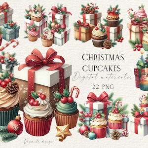 Clipart de cupcakes navideños, paquete de imágenes prediseñadas de cupcakes PNG, acebo navideño y cupcakes PNG, clipart de decoración de invierno en acuarela