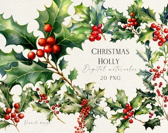 Christmas Holly Watercolor Clipart: Festive Floral PNG (Digital Download)