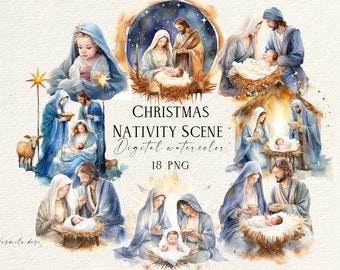 Watercolor Christmas Nativity Scene Clipart Bundle (PNG)