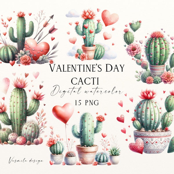 Valentine's Day Lovely Cacti PNG, Flower Cacti with Hearts, Watercolor Cactus Clipart, Floral Cacti Clipart, Digital  Download