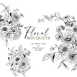 Buquês de arte floral em linha, Buquês de flores desenhados à mão, Gráfico de casamento botânico, Clipart digital, Desenhado à mão, Não gerado por IA
