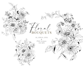 Hand Drawn Outline Floral Bouquets, Botanical Wedding Graphics, Vector Floral Bouquets, Flowers SVG, Botanical Line Art