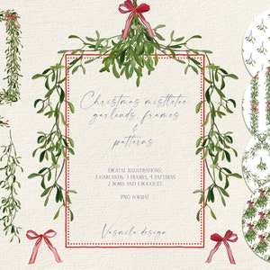 Christmas Borders and Frames with Mistletoe , Vintage Style Garlands PNG, Digital Seamless Paper, DIY Wedding Clipart