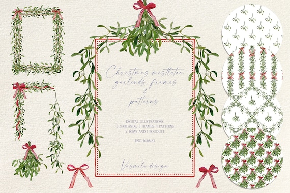Christmas Mistletoe Garlands: Vintage Frames & Seamless Patterns (PNG Digital Paper)
