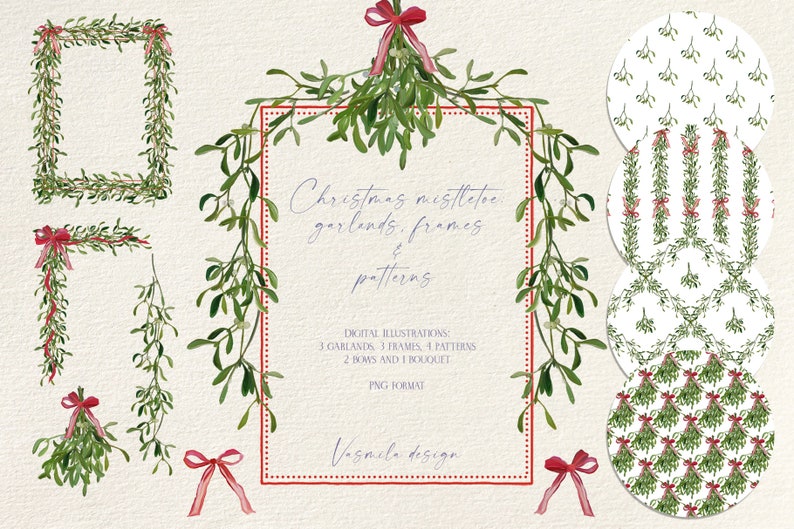 May include: A set of digital illustrations featuring Christmas mistletoe garlands, frames, and patterns. The illustrations are in a watercolor style and feature green leaves, white berries, and red bows.
