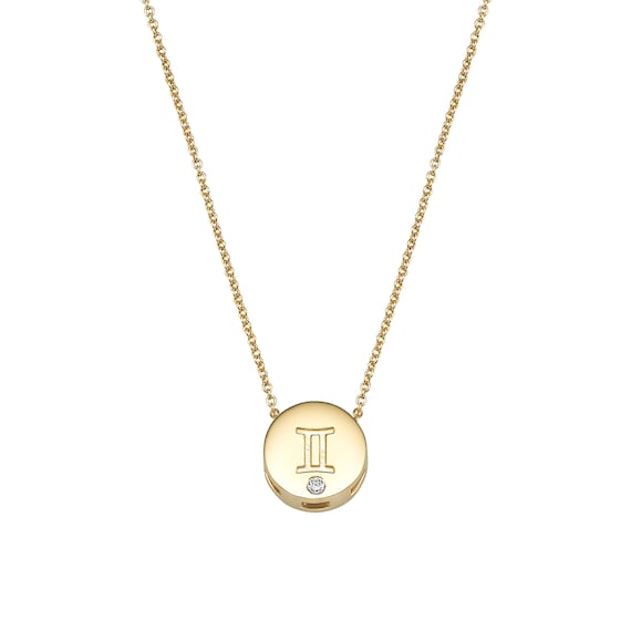 Gemini Zodiac Sign (twins) Gold and Diamond Necklace, 14K Gold