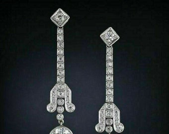 Drop Dangle Earrings, Vintage Diamond Earrings, 14K White Gold Earrings, 2.2 Ct Colorless Moissanite Earrings, Gift For Her