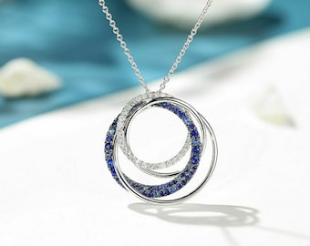 Interlocking Circle Diamond Pendant, Blue Sapphire Silver Necklace, 1.8 Ct Round Sapphire, 14K White Gold, Swirl Wedding Pendant With Chain