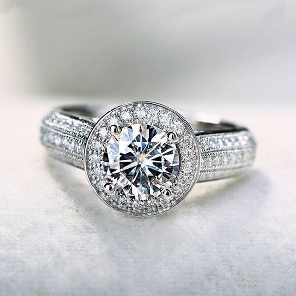 Engagement Moissanite Ring, Halo Diamond Ring,  2.3 Ct Colorless Moissanite Ring, 14K White Gold, Pave Set Promise Ring, Wedding Bridal Ring
