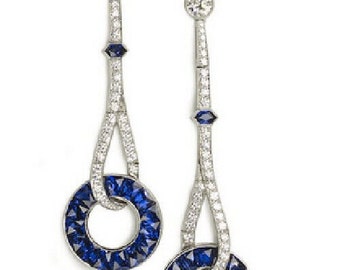 Victorian Sapphire Drop Dangle Earrings, Wedding Earrings, 2.5 Ct CZ Blue Diamond Earrings, 14K White Gold, Twisted Earrings, Gift For Her