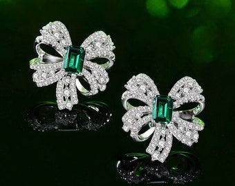 Fancy Bow Knot Earrings, Diamond Wedding Earrings, 14K White Gold Plated Earrings, 2 Ct Emerald Cut Earrings, Stud Earrings, Gift For Her