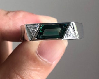 Men's Emerald Bezel Set Ring, Men's Diamond Ring, 2.1 Ct Emerald Ring, Engagement Ring, 14K White Gold, Men's Wedding Ring, Gift For Him