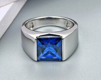Men's Sapphire Ring, Men's Diamond Ring, 2.3 Ct Princess Sapphire, Halo Engagement Ring, 14K White Gold, Men's Wedding Ring, Gift For Him