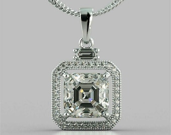 Fancy Halo Wedding Diamond Pendant, 2.5 Ct Asscher Diamond Pendant, 14K White Gold, Wedding Diamond Pendant Without Chain, Gift For Her