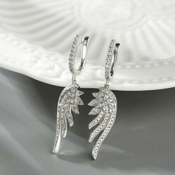 Feather Drop Dangle Earrings, Wedding Diamond Earrings, 1.3 Ct Round Diamond Earrings, 14K White Gold, Engagement Earrings, Gift For Her