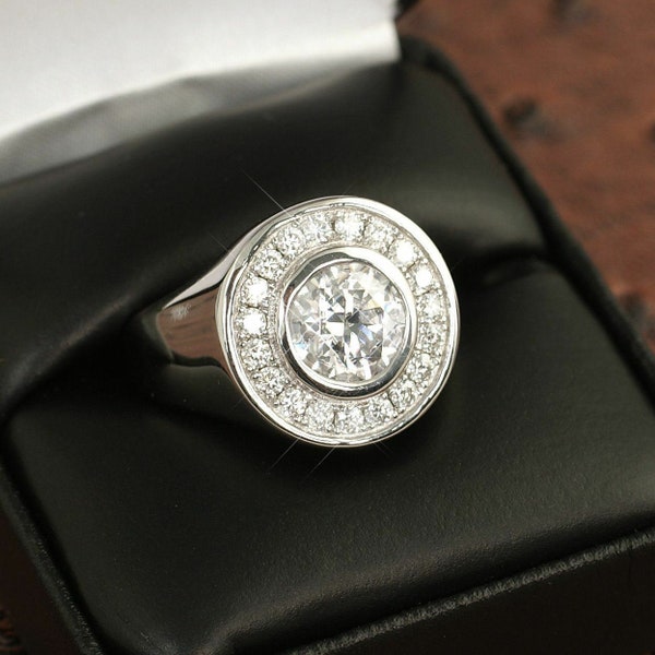 Men's Engagement Ring, Men's Statement Moissanite Ring, 14K White Gold, 2.3 Ct Colorless Moissanite Ring, Men's Halo Wedding Ring, Mens Ring